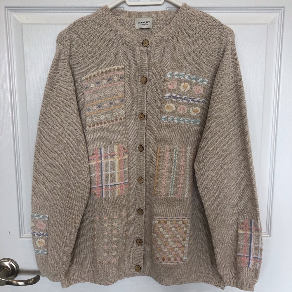Vintage cardigan patchwork grannycore cottagecore wood buttons tan and pastels